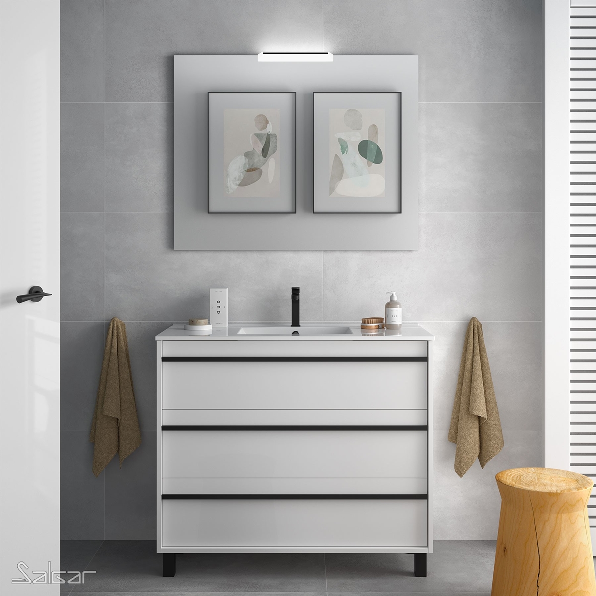 ATTILA  Meuble 3 tiroirs avec miroir et applique LED
