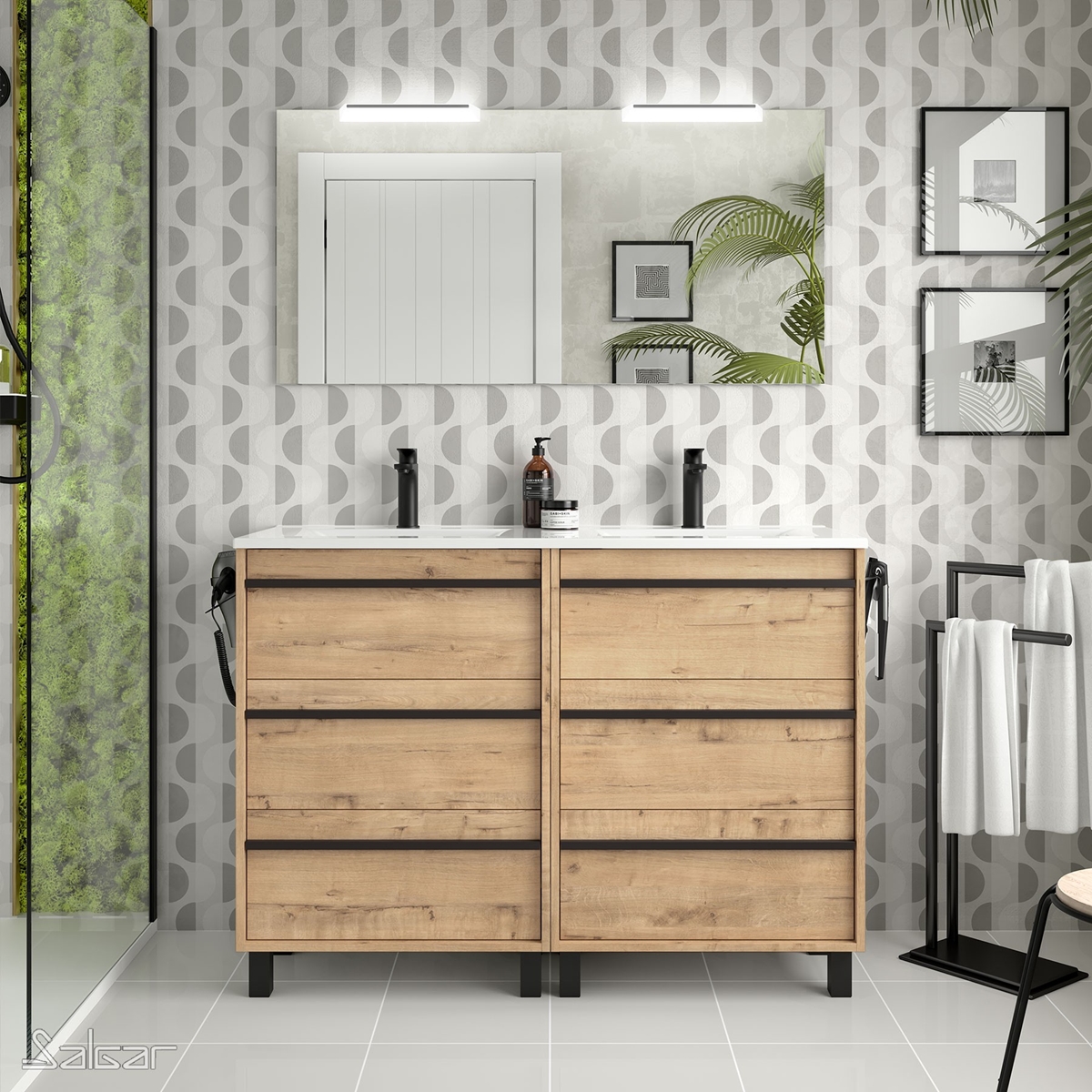 ATTILA  Meuble double 6 tiroirs avec miroir et applique LED